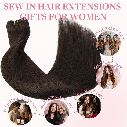 GOO GOO Sew in Hair Extensions Real Human Hair, Weft Hair Extensions Human Hair, 2A Light Brown 20inch 105g, Weft Bundles Straight Silky Remy Hair