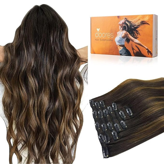 DOORES Clip in Hair Extensions, Balayage Dark Brown to Chestnut Brown 14 Inch 120g 7pcs, Remy Human Hair clip in Extensions Natural Straight