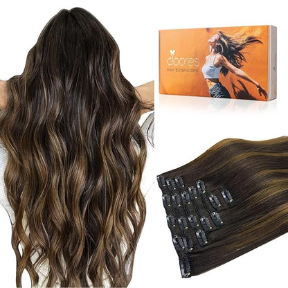 DOORES Hair Extensions Clip in Human Hair, Balayage Dark Brown to Chestnut Brown 16 Inch 7pcs 135g, Natural Remy Clip in Extensions Human Hair Straight