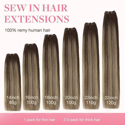 GOO GOO Sew in Hair Extensions Real Human Hair, Weft Hair Extensions Human Hair, 4/26/4 Balayage Chocolate Brown to Honey Blonde 22inch 110g, Weft Bundles Straight Silky Remy Hair