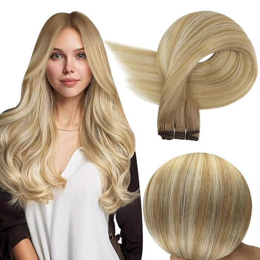 Full Shine Weft Hair Extensions Human Hair Sew In Hair Extensions Blonde Human Hair Bundles Color Brown To Honey Blonde Mix Platinum Blonde Sew In Real Hair For Women 80G 12 Inch
