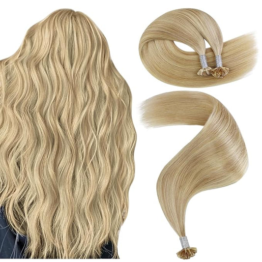 YoungSee Keratin Tip Hair Extensions Human Hair Highlight 20inch K Tip Hair Extensions Golden Blonde Highlights Blonde K Tip Extensions Smooth Keratin Extensions Hot Fusion for Women 50g #16/22