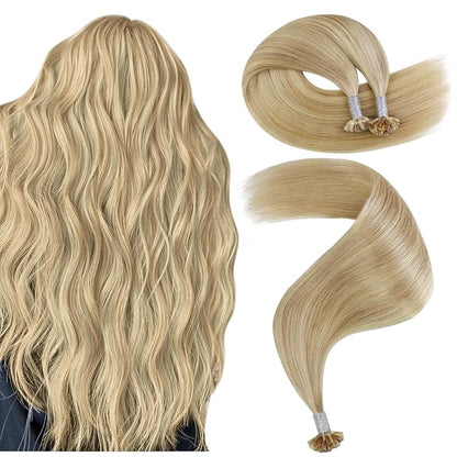 YoungSee K Tip Hair Extensions Human Hair Blonde Highlight Ktip Human Hair Extensions Golden Blonde Highlight 16inch 50s/50g