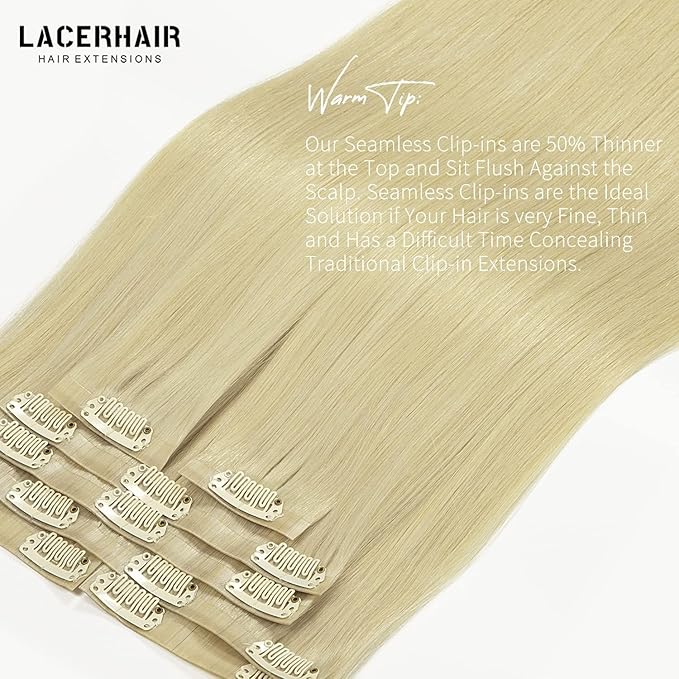 Lacer Hair 7 Pieces Seamless Human Hair Clip in Extensions Comfortable Ultra-Thin PU Skin Weft #60 Bleach Blonde Clip in Hair Extensions for Women Clip In 110g for Any Hair Type 18 Inch Thick Ends