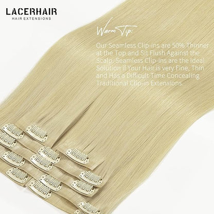 Lacer Hair 7 Pieces Seamless Human Hair Clip in Extensions Comfortable Ultra-Thin PU Skin Weft #60 Bleach Blonde Clip in Hair Extensions for Women Clip In 110g for Any Hair Type 18 Inch Thick Ends
