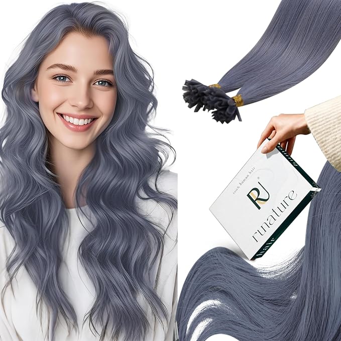 RUNATURE 20 Inch U Tip Human Hair Extensions - Light Blue, Silky Straight, Keratin, Pre Bonded Hot Fusion, 25g, 25s