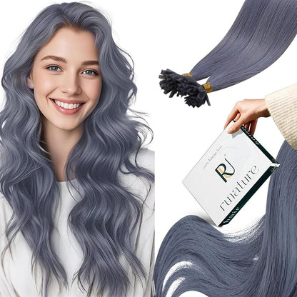 RUNATURE 20 Inch U Tip Human Hair Extensions - Light Blue, Silky Straight, Keratin, Pre Bonded Hot Fusion, 25g, 25s
