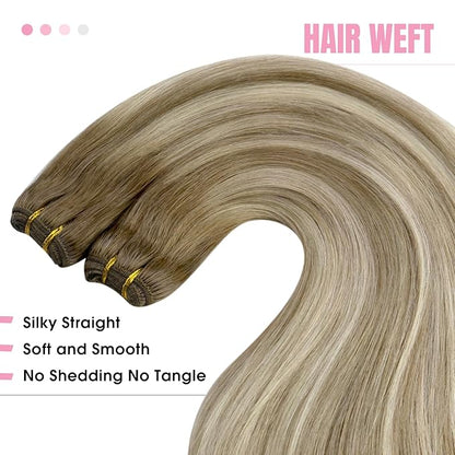 YoungSee Sew in Hair Extensions Balayage Brown Weft Hair Extensions Human Hair Medium Brown Fading to Brown Mix Platinum Soft Sew in Hair Extensions Real Human Hair Hair Loss Coverage 100G 16Inch