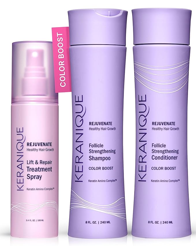 Keranique Color Treated Shampoo and Conditioner Set with Hair Thickening Spray - Keratin Enriched Color Boost Set w/Shampoo & Conditioner and Lift & Repair Spray for Women w/Fine, Thin, Colored Hair