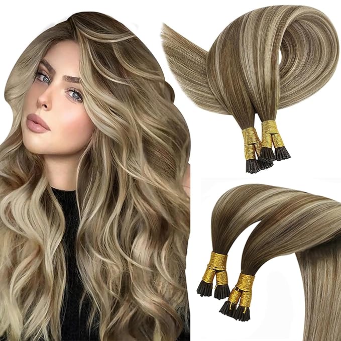 Sunny Hair Itip Human Hair Extensions Dark Brown Balayage Light Brown with Light Blonde I Tip Extensions 16inch I Tip Extensions Human Hair Invisible 50g