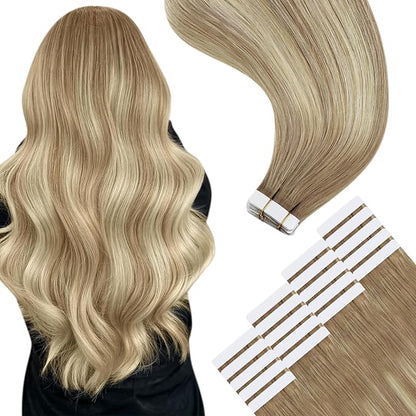 YoungSee Tape in Human Hair Extensions Balayage Tape ins Hair Extensions Ombre Golden Brown to Blonde Real Hair Tape in Extensions Human Hair 18 Inch 20pcs 50g Invisible Hair Extensions Human Hair