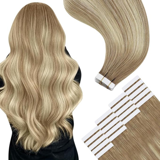 YoungSee Tape in Hair Extensions Human Hair Balayage Tape ins Human Hair Extensions Golden Brown Ombre Platinum Blonde Real Human Hair Tape in Extensions 12 Inch 20pcs 30g Short Hair Extensions
