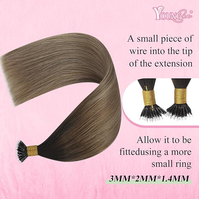 YoungSee Nano Tips Hair Extensions Brown Nano Beads Hair Extensions Real Human Hair Balayage Dark Brown with Blonde Hair Extensions Nano Rings Brown Nano Hair Extension Rings Cold Fusion 50s 50g 20in