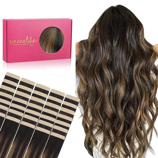 WENNALIFE Tape in Hair Extensions Human Hair, 40pcs 100g 24 inch Balayage Natural Black to Chestnut Brown Hair Extensions Real Human Hair Straight Tape in Extensions Invisible Human Hair Extensions