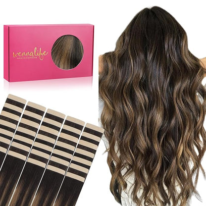 WENNALIFE Tape in Hair Extensions Human Hair, 40pcs 100g 16 inch Balayage Natural Black to Chestnut Brown Hair Extensions Real Human Hair Straight Tape in Extensions Invisible Human Hair Extensions