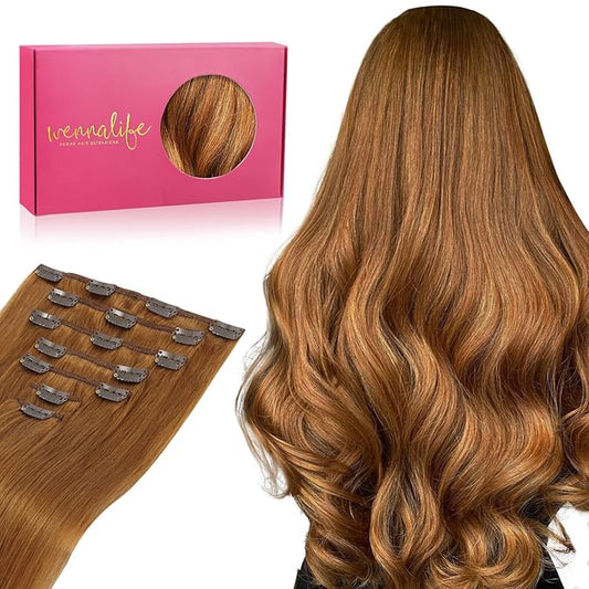 WENNALIFE Clip in Hair Extensions Real Human Hair, 20 Inch 120g 7pcs Clip in Hair Extensions Real Human Hair, Auburn Ginger Human Hair Clip in Extensions Remy Human Hair Extensions Clip Ins Double Wef