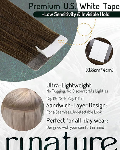RUNATURE Tape in Human Hair Extensions 12 Inch Short Tape in Hair Extensions Real Human Hair Brazilian #4 Chocolate Brown Glue in Human Hair Extensions Silky Real Hair Tape in Extensions 30g 20pcs