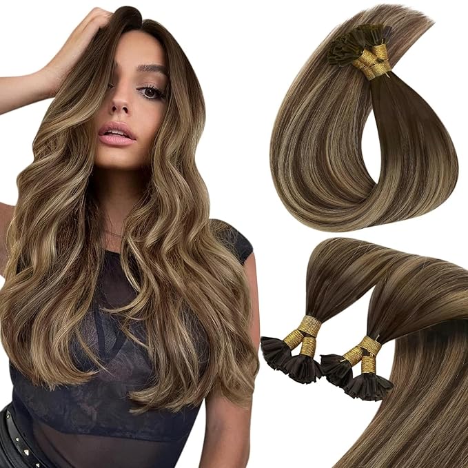Sunny Hair U Tip Hair Extensions Human Hair 16inch Ktip Human Hair Extensions Dark Brown Balayage Blonde Utip Hair Extensions Human Hair for Party 50g