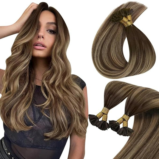 Sunny Hair U Tip Hair Extensions Human Hair 16inch Ktip Human Hair Extensions Dark Brown Balayage Blonde Utip Hair Extensions Human Hair for Party 50g