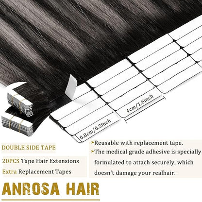 Anrosa Tape in Hair Extensions Human Hair Remy Real Human Hair Extensions Tape in Silky Natural Hair Extensions Human Hair 16 Inch Natural Black to Silver Grey with Natural Black Rooted 50G 20PCS