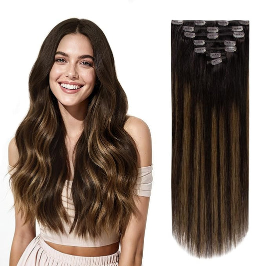 Clip in Hair Extensions Real Human Hair, Silky Remy Hair Extensions Clip Ins, Salon Quality Straight Human Hair for Women, Dark Brown to Chestnut Brown #2TP6/2 18Inch 120G 7PCS