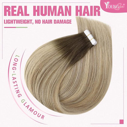 YoungSee Human Hair Tape in Extensions Balayage Brown Tape in Hair Extensions Real Human Hair Brown Ombre Blonde with Medium Brown Tape Human Hair Extensions Silky Straight 20 Inch 20pcs 50g