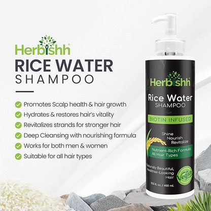Herbishh Rice Water Hair Growth Shampoo - 400ml with Power of Castor Oil, Argan & Coconut Oil & Biotin | All Hair Type | Hair regrowth for Thinning Hair, Moisturizing & Volumizing | Silicone Free