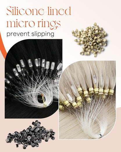 Sunny Hair Micro Ring Hair Extensions Human Hair Black 24inch Micro Beads Hair Extensions Jet Black Soft and Silky Micro Link Hair Extensions Human Hair Black Straight Long Hair Micro Loop 24inch 50g