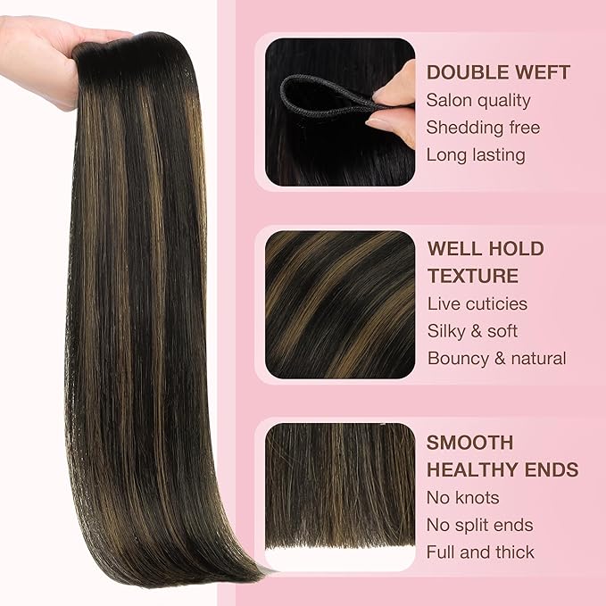GOO GOO Sew in Hair Extensions Real Human Hair, Weft Hair Extensions Human Hair, 1B/6/1B Balayage Natural Black to Chestnut Brown 18inch 100g, Weft Bundles Straight Silky Remy Hair