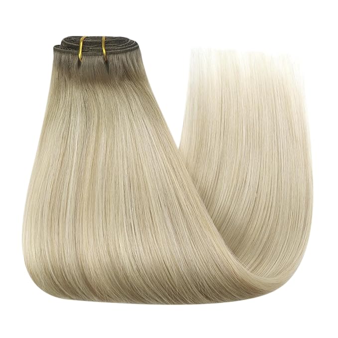 YoungSee 150g Clip in Hair Extensions Real Human Hair Ombre Blonde Clip in Extensions Light Ash Brown to Platinum Blonde Hair Extensions Clips in for Women 20Inch 7Pcs