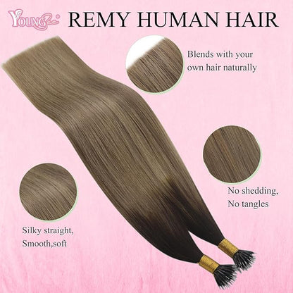 YoungSee Nano Tips Hair Extensions Brown Nano Beads Hair Extensions Real Human Hair Balayage Dark Brown with Blonde Hair Extensions Nano Rings Brown Nano Hair Extension Rings Cold Fusion 50s 50g 20in