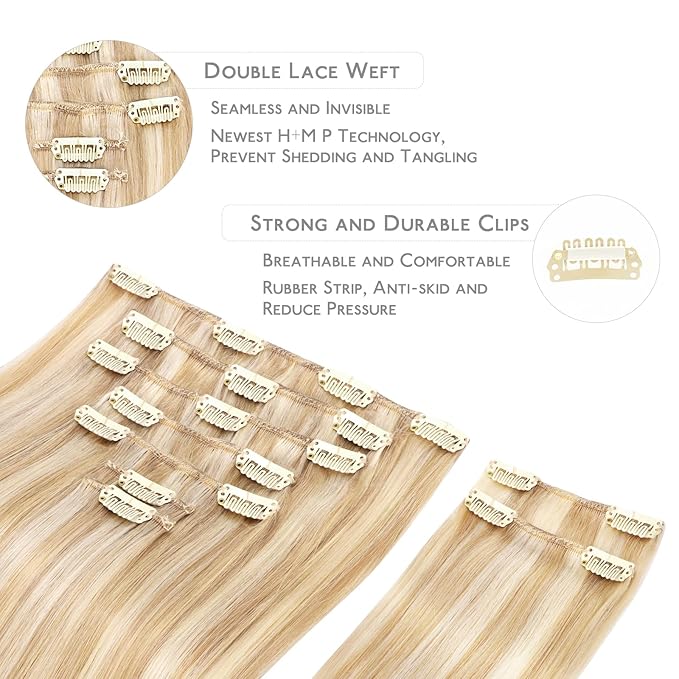 WENNALIFE Hair Extensions Clip In, 9pcs 24inch 150g Dirty Blonde Highlighted Bleach Blonde Thicker Clip In Hair Extensions Real Human Hair Remy hair extension Double Weft Clip in Human Hair Extensions