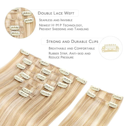 WENNALIFE Hair Extensions Clip In, 9pcs 24inch 150g Dirty Blonde Highlighted Bleach Blonde Thicker Clip In Hair Extensions Real Human Hair Remy hair extension Double Weft Clip in Human Hair Extensions
