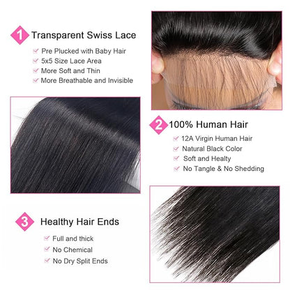 5x5 Transparent HD Lace Closure Silky Straight Hair Closure Invisible Lace 12A Brazilian Virgin Remy Human Hair Frontal Closure Pre Plucked with Baby Hair Natural Black 8 Inch