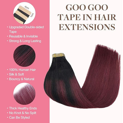 GOO GOO Tape in Hair Extensions Human Hair, 1/99 Balayage Jet Black to Red, 18inch 50g 20pcs, Skin Weft Seamless Invisible, Silky Straight with Thick Ends, Remy Human Hair