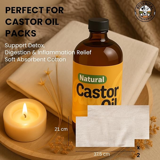 Organic Castor Oil (17 oz) Glass Bottle-100% Pure, Cold-Pressed, Hexane-Free, with 2 Resuable Organic Cotton Flannel Pack Wraps and Mascara Container for Skin, Hair, Eyelash's & Eyebrow's