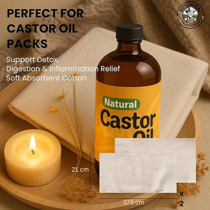 Organic Castor Oil (17 oz) Glass Bottle-100% Pure, Cold-Pressed, Hexane-Free, with 2 Resuable Organic Cotton Flannel Pack Wraps and Mascara Container for Skin, Hair, Eyelash's & Eyebrow's