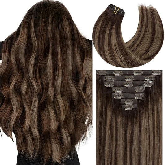 Caliee Seamless Hair Extensions Human Hair 20Inch Technology Invisi-PU Weft Clip in Hair Extensions R2-2-6 Chestnut Brown Mixed Dark Brown Thick Soft Silky Straight Hair Extensions for Women 110G 7Pcs