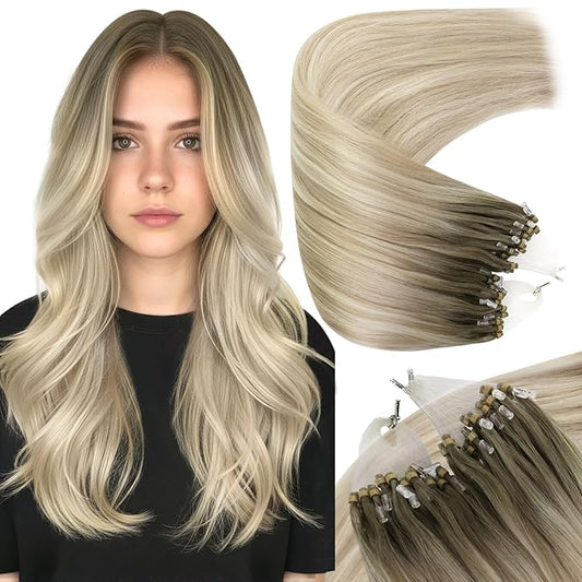 Sunny Hair Micro Link Hair Extensions Human Hair Soft and Silky Micro Hair Extensions Real Human Hair Balayage Ash Blonde Mix Platinum Blonde Micro Loop Hair Extensions 14inch 50g