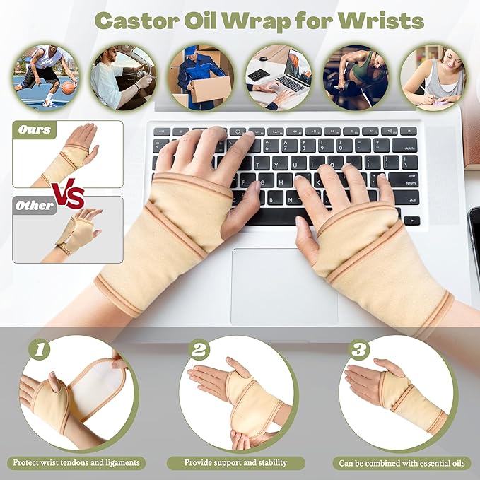 12 Pcs Castor Oil Pack Wrap, Reusable Castor Oil Pack Kit Organic Cotton for Shoulder Hands Neck Waist Chest Knees and Feet, Adjustable Compress Pads for Entire Body, Machine Washable(Green)