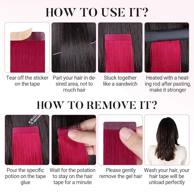 MAXITA Tape in Hair Extensions Human Hair Burgundy Red Tape in Extensions 10pcs 30g 20 Inch Colored Invisible Real Human Hair Extension Soft Straight Wine Red Glue in Hair Burgundy Hair Extensions