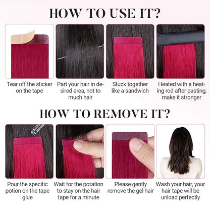 MAXITA Tape in Hair Extensions Human Hair Burgundy Red Tape in Extensions 10pcs 30g 20 Inch Colored Invisible Real Human Hair Extension Soft Straight Wine Red Glue in Hair Burgundy Hair Extensions