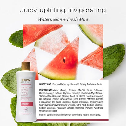 RAW SUGAR Moisture Loving Body Wash - Watermelon + Fresh Mint, Moisturizing & Refreshing Bath & Shower Gel, Sulfate-Free, Paraben-Free & Vegan (Pack of 3)