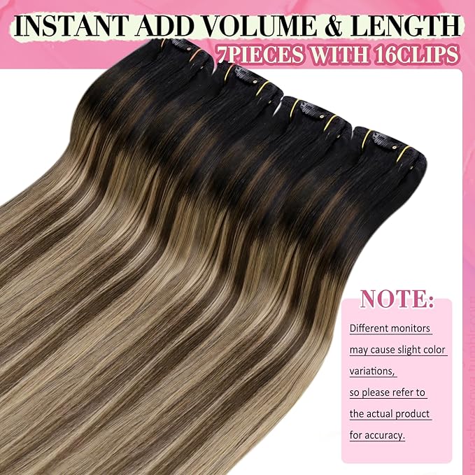 YoungSee 150G Clip in Hair Extensions Real Human Hair Ombre Lace Clip in Hair Extensions Human Hair Black Fading to Brown with Caramel Blonde Human Hair Clip in Extensions for Black Women 7Pcs 20Inch