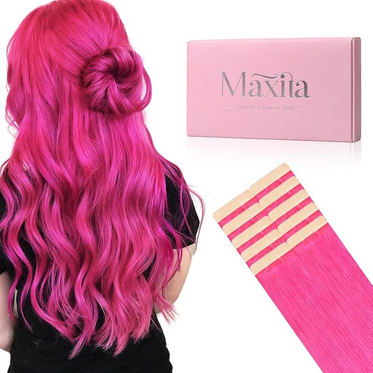 MAXITA Tape in Hair Extensions Human Hair Hot Pink Tape in Extensions 10pcs 30g 22inch Colored Invisible Real Human Hair Extension Soft Straight Wine Red Glue in Hair Extensions