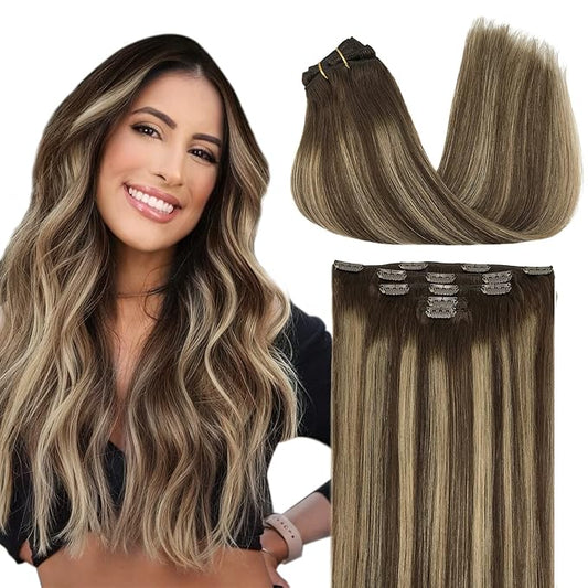 DOORES Clip in Hair Extensions Human Hair, 5pcs 75g Balayage Chocolate Brown to Honey Blonde 14 Inch Real Human Hair Extensions Clip in Remy Hair Extensions Silky Straight