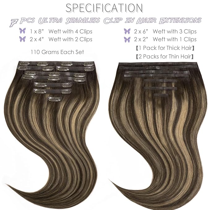Seamless Clip in Hair Extensions Human Hair 8Pcs 20in Ultra Invisible PU Skin Weft 150g 19 Clips Clip in Human Hair Extensions Chestnut Brown Mixed Dark Brown with Dark Brown Roots Real Human Hair