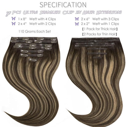 Seamless Clip in Hair Extensions Human Hair 8Pcs 20in Ultra Invisible PU Skin Weft 150g 19 Clips Clip in Human Hair Extensions Chestnut Brown Mixed Dark Brown with Dark Brown Roots Real Human Hair