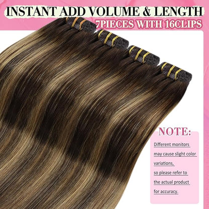 YoungSee Clip in Hair Extensions Real Human Hair Balayage Hair Extensions Clip ins Balayage Chocolate Brown Mix Caramel Blonde Balayage Clip on Hair Extensions Human Hair 120G 18Inch