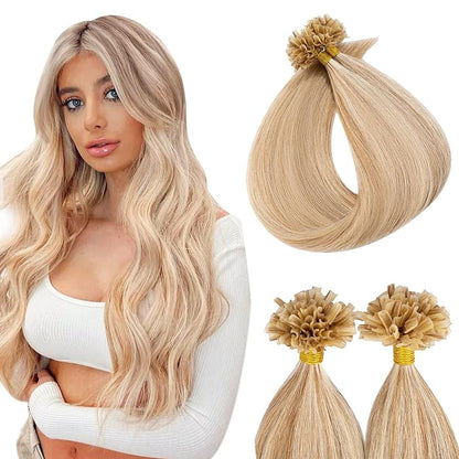 U Tip Hair Extensions Human Hair Pre Bonded Extensions Keratin Fusion Extensions K Tip Hair Extensions Real Human Hair Silky Straight Natural 50g/100 Stands 24" Golden Brown Mix Bleach Blonde